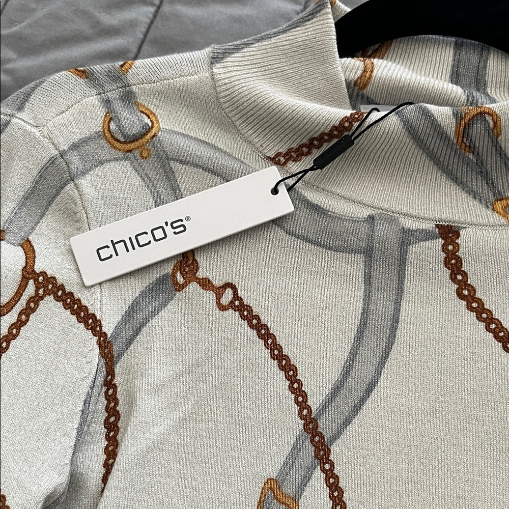 Chico's Cream Sweater with Gray and Gold Chain Print - Picture 5 of 5